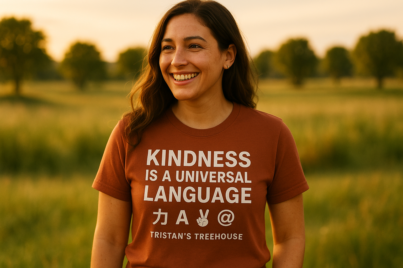 Tristan’s Treehouse Kindness is a Universal Language – T Shirt — detail close-up