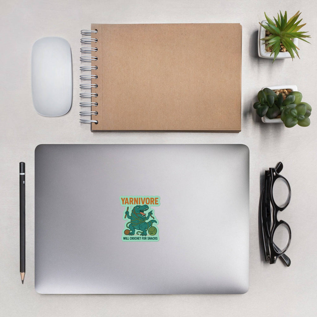 Darn Good Yarn 🦖 Yarnivore Sticker – Will Crochet for Snacks Bubble-free stickers — construction detail