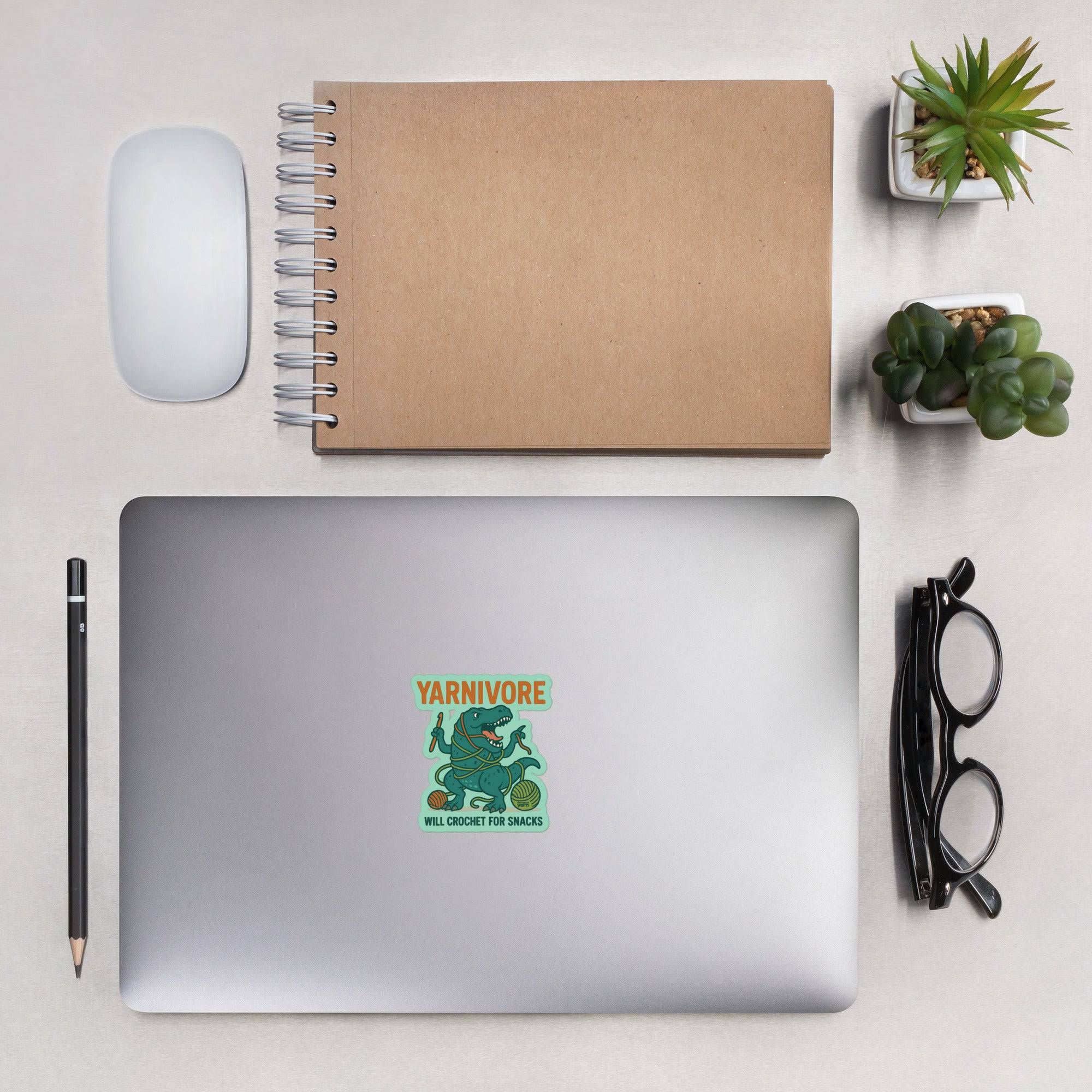 Darn Good Yarn 🦖 Yarnivore Sticker – Will Crochet for Snacks Bubble-free stickers — construction detail