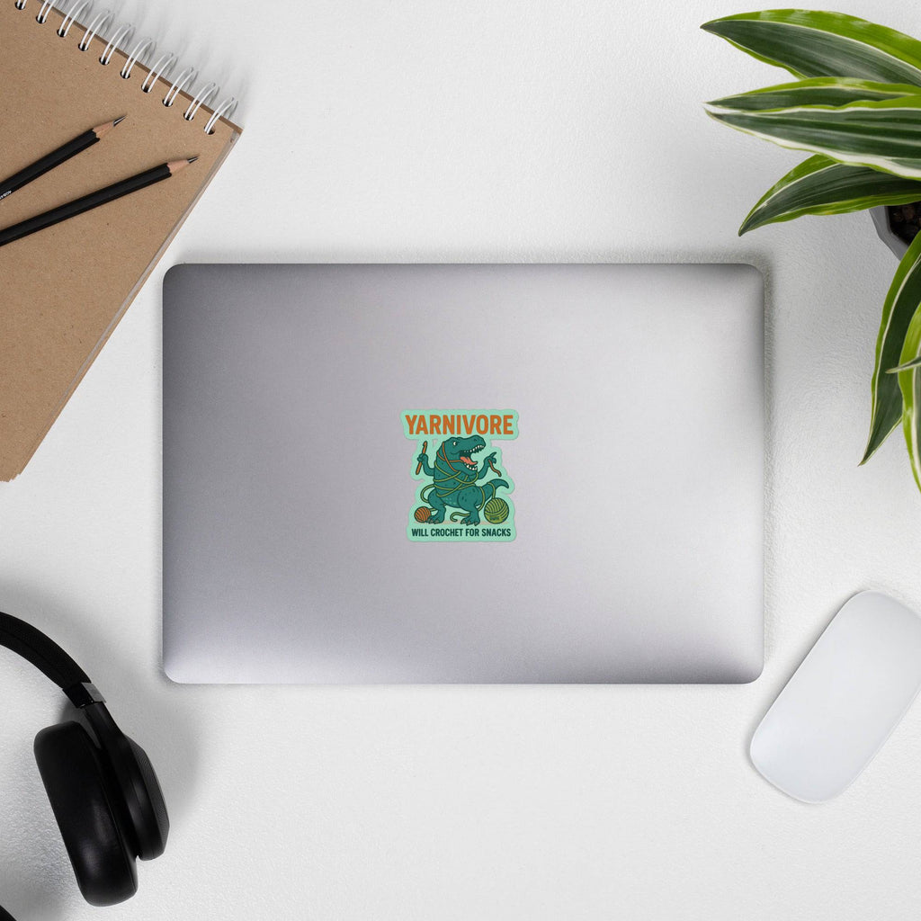 Darn Good Yarn 🦖 Yarnivore Sticker – Will Crochet for Snacks Bubble-free stickers — Darn Good Yarn branding close-up