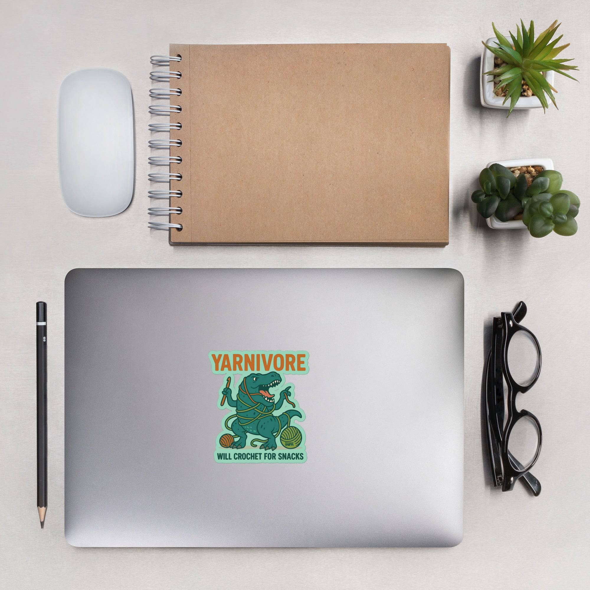 Darn Good Yarn 🦖 Yarnivore Sticker – Will Crochet for Snacks Bubble-free stickers — lifestyle worn / used context