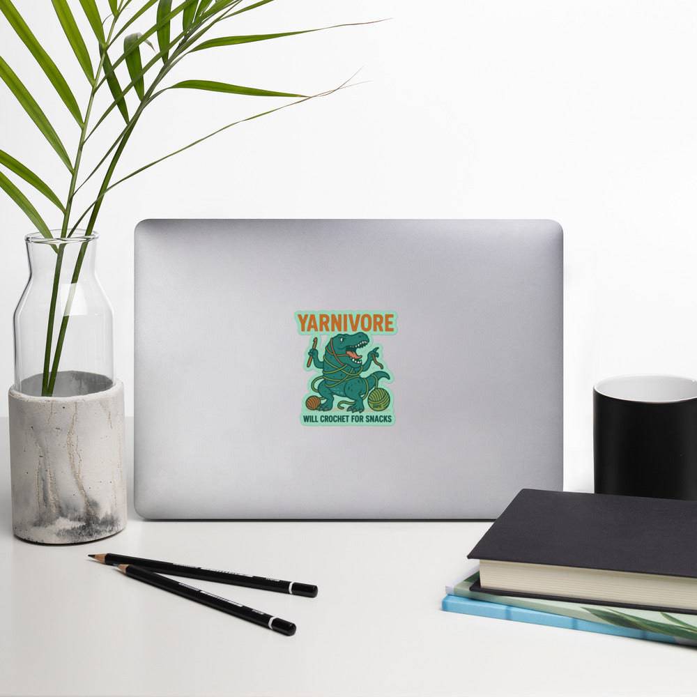 Darn Good Yarn 🦖 Yarnivore Sticker – Will Crochet for Snacks Bubble-free stickers — detail shot 6
