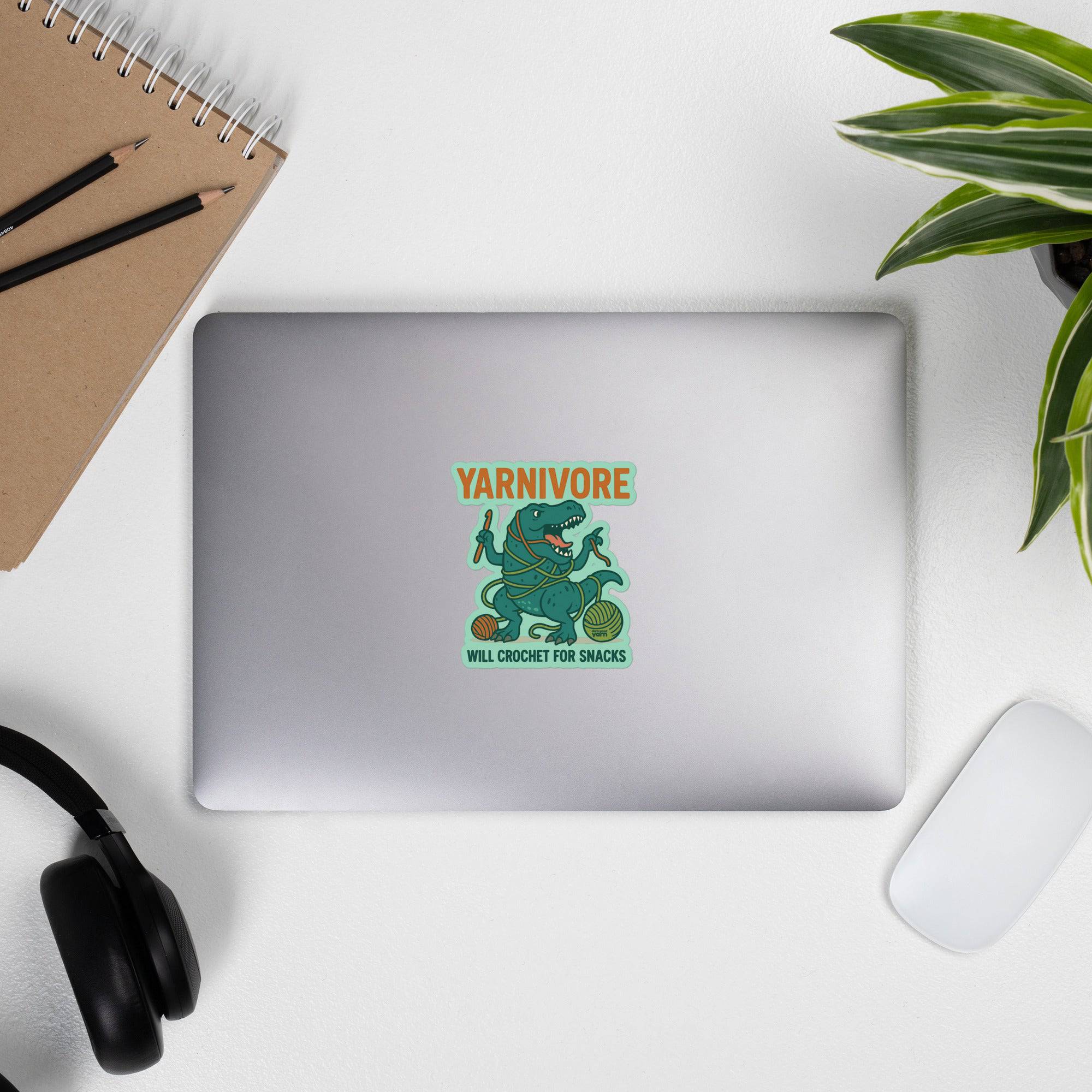 Darn Good Yarn 🦖 Yarnivore Sticker – Will Crochet for Snacks Bubble-free stickers — detail shot 7