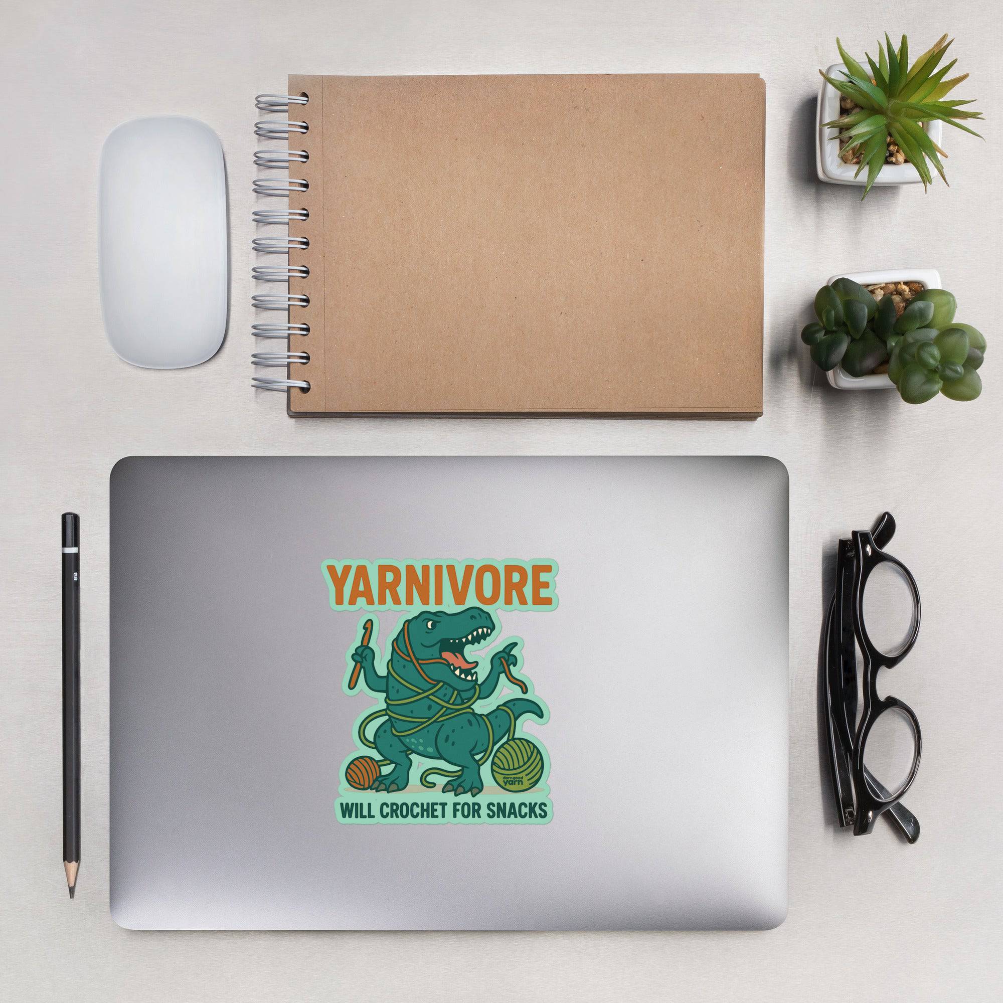 Darn Good Yarn 🦖 Yarnivore Sticker – Will Crochet for Snacks Bubble-free stickers — main product shot