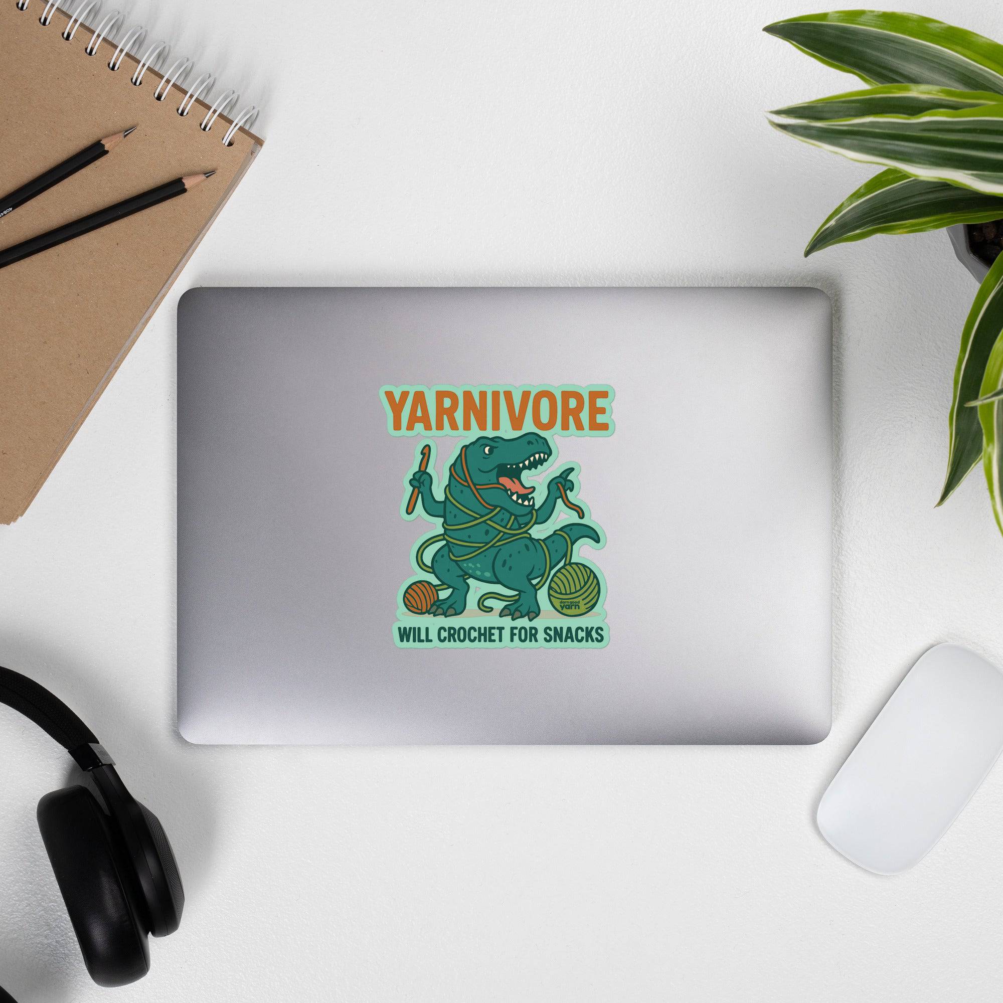Darn Good Yarn 🦖 Yarnivore Sticker – Will Crochet for Snacks Bubble-free stickers — detail shot 9
