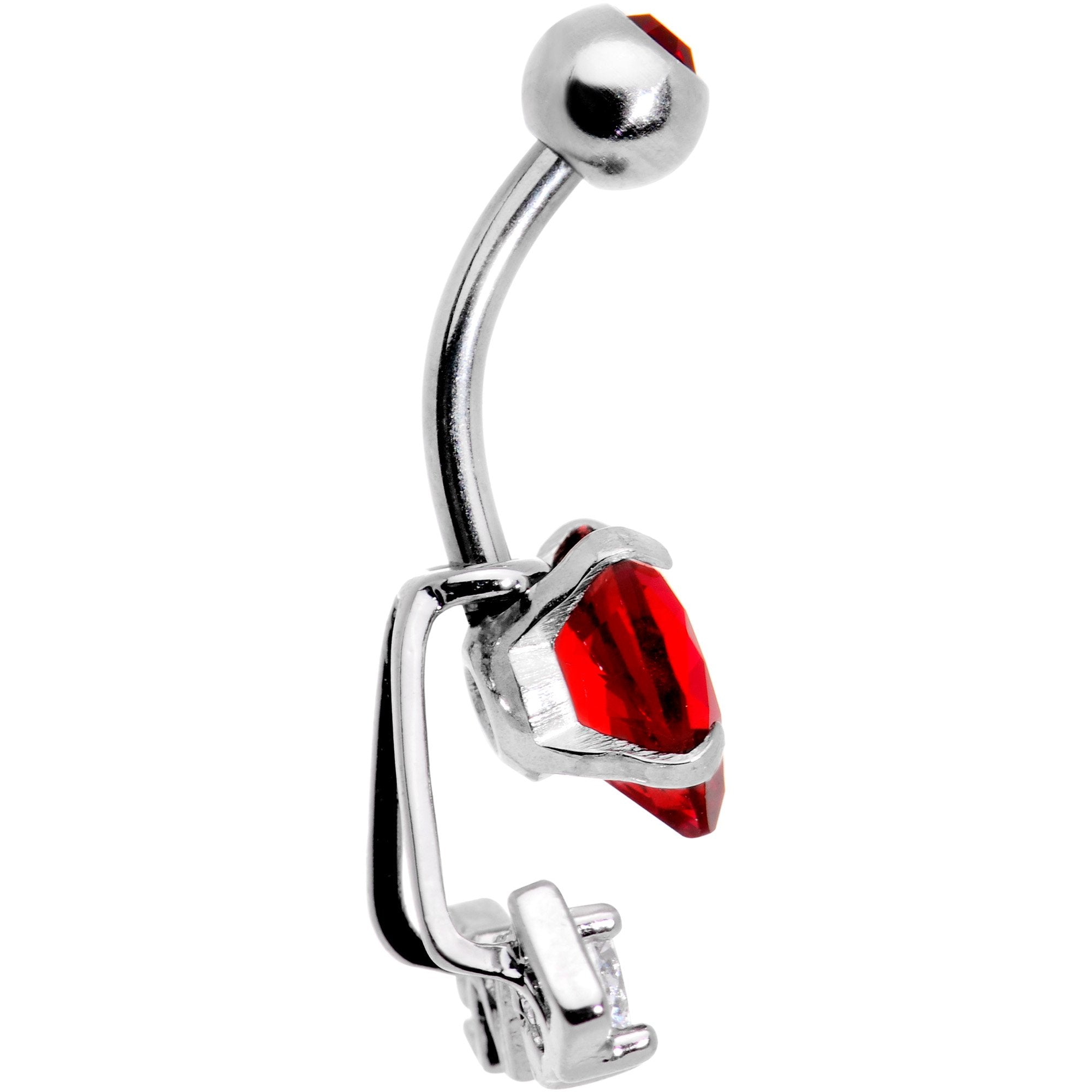 BodyCandy Clear Red CZ Gem Love is in the Air Dangle Belly Ring — detail and construction