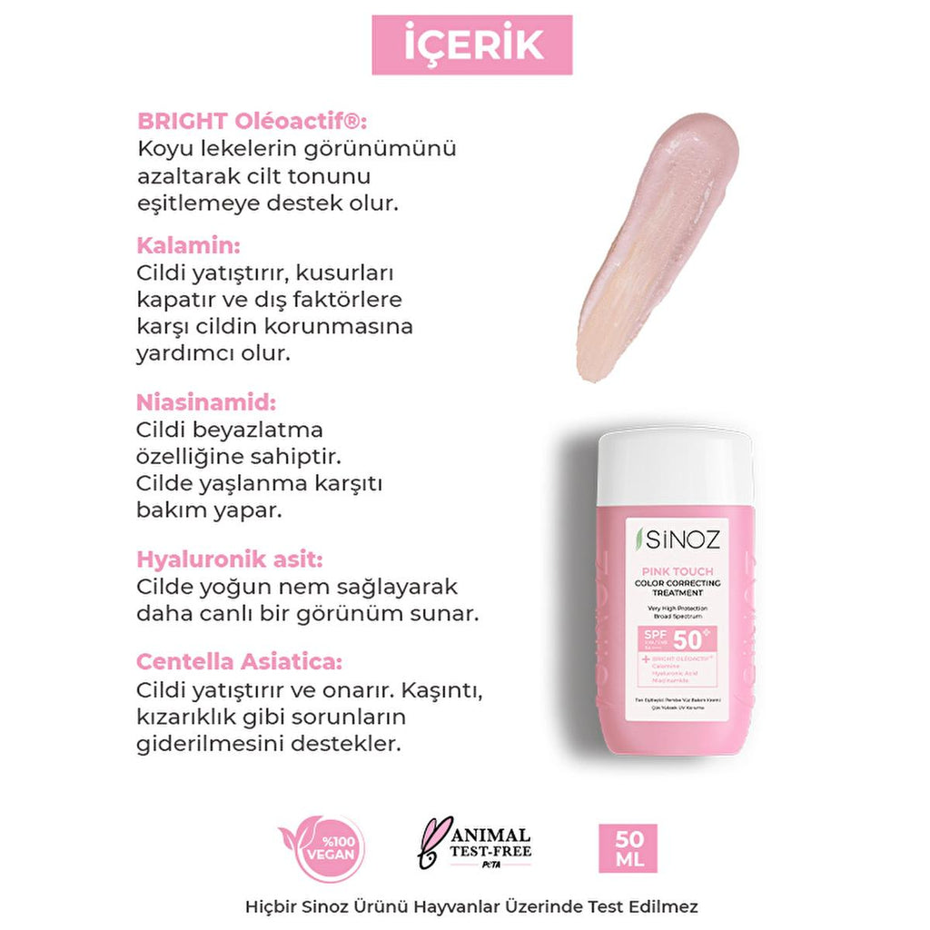 Sinoz Pink Touch SPF50+ Tone-Up Sunscreen: Color Correcting, Redness Reducing, and Brightening Mineral Facial Sunscreen with Hyaluronic Acid - 1.69 fl oz