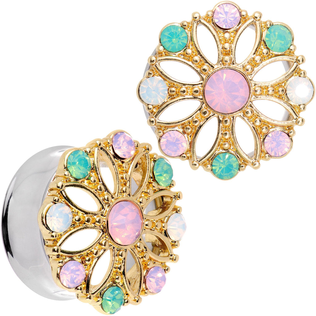 BodyCandy Pink Green White Gem Glam Flower Double Flare Tunnel Plug Set — fabric or material detail