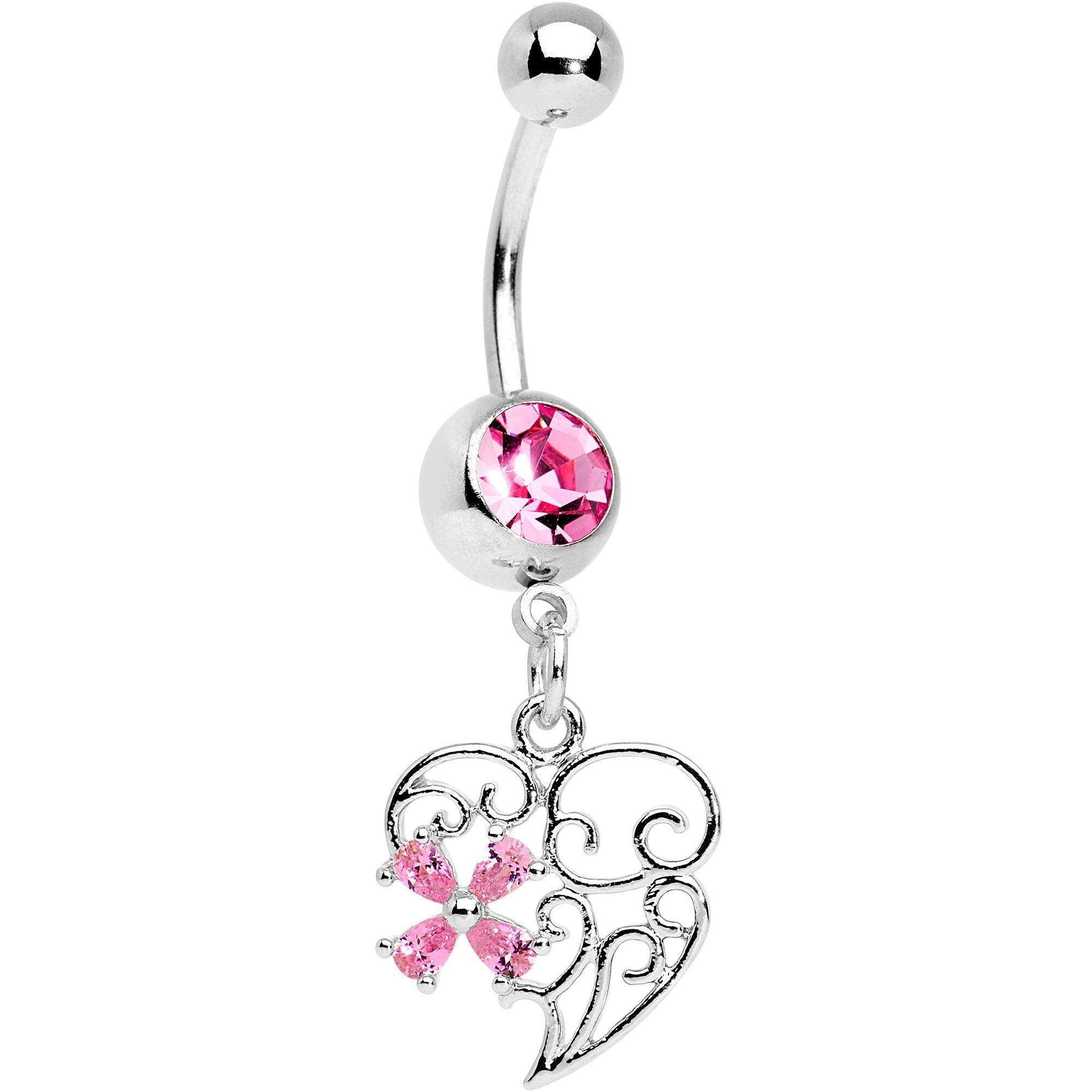BodyCandy Pink Gem Filigree Heart Flower Dangle Belly Ring — main product shot