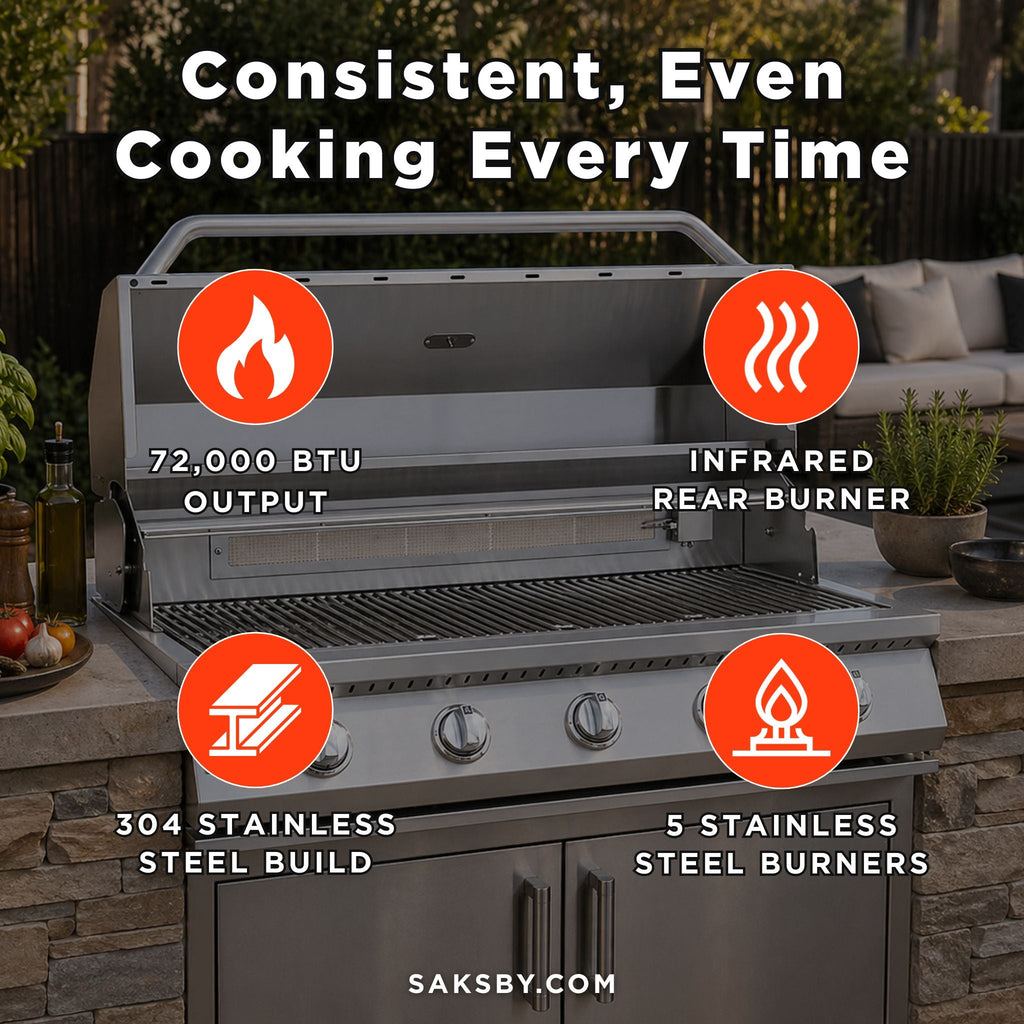 KoKoMo Grills 40-Inch Heavy-Duty 72K BTU LP/NG 5 Burner Built-In Stainless Steel Gas Grill (SAK73152) – SAKSBY WHOLESALE, vie