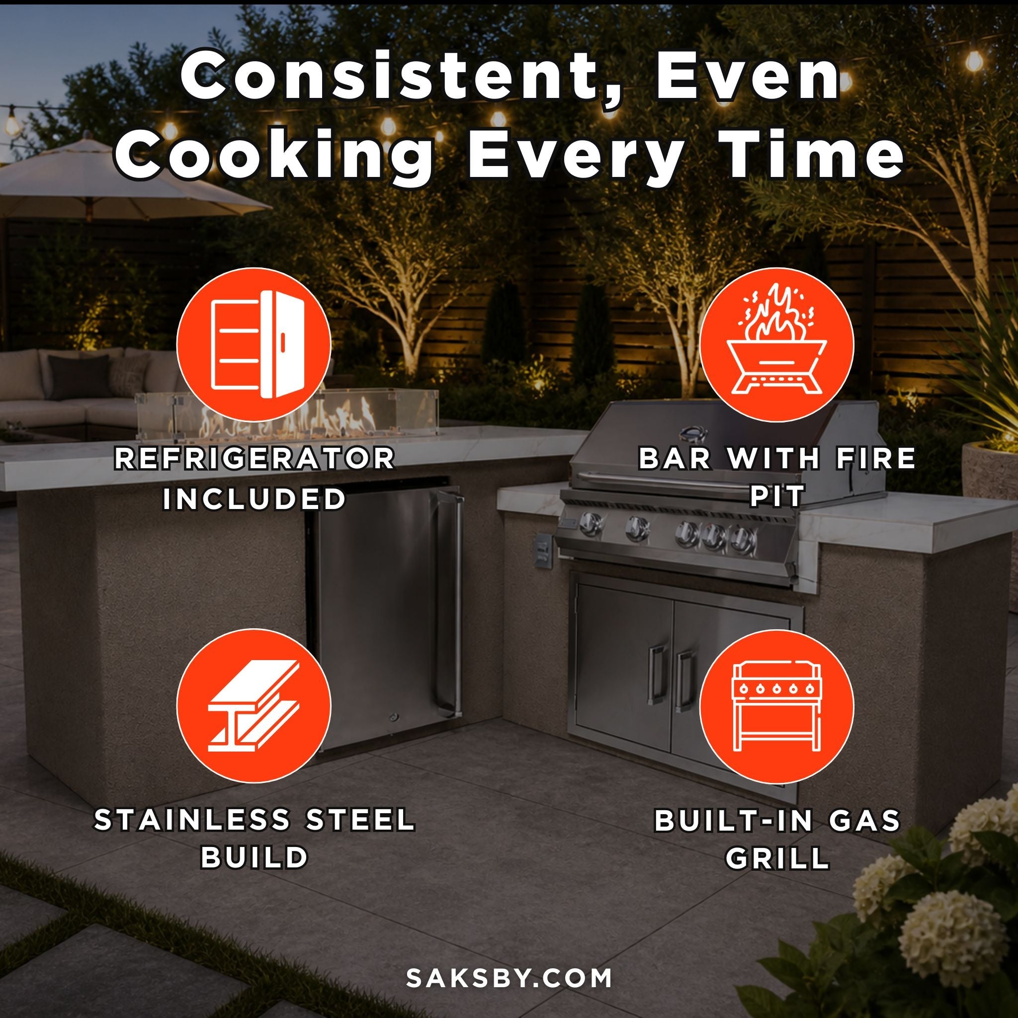 KoKoMo Grills Baja 9FT BBQ Island With LEDs, Built-In BBQ And Refrigerator [Made-To-Order] (SAK85739) – SAKSBY WHOLESALE, vie