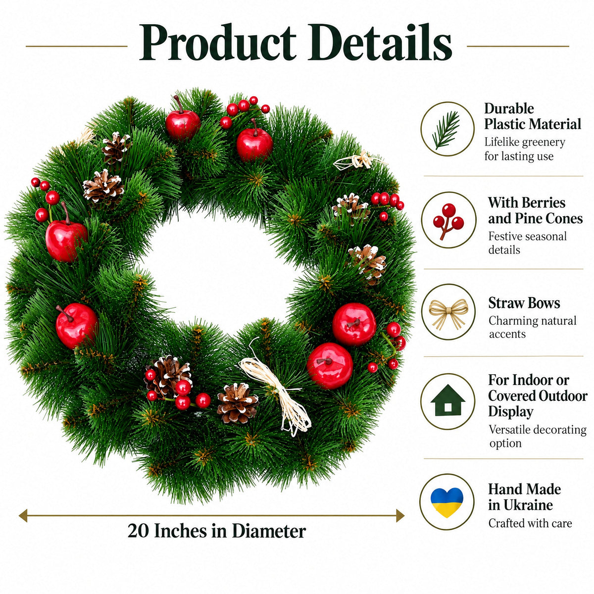 Ukrainian Christmas Wreath with Frosted Straw Bows, Apples & Pine Cones 20 Inches