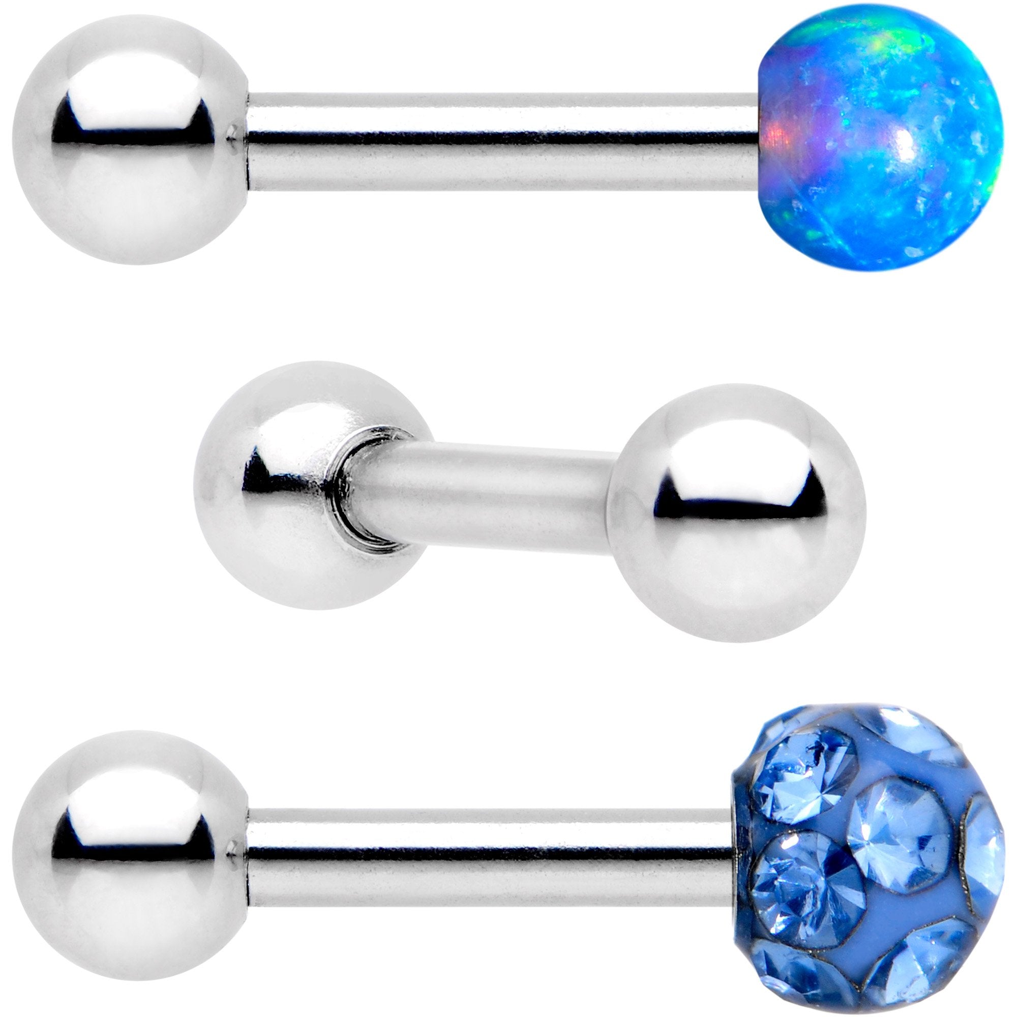 BodyCandy 16G 1/4 Sky Blue Faux Opal Ball Cartilage Tragus Earring 3 Pack Set — detail and construction