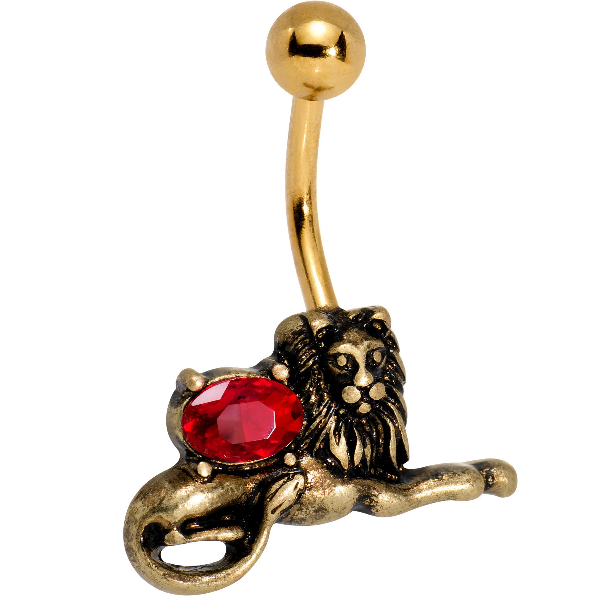 BodyCandy Red Gem Gold PVD Resting Guardian Lion Belly Ring — main product shot