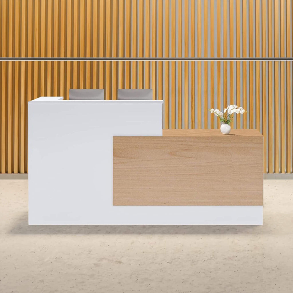 Velmor L-Shaped Modern Brown And White Reception Desk With Lockable Drawers (SAK26491) – SAKSBY WHOLESALE