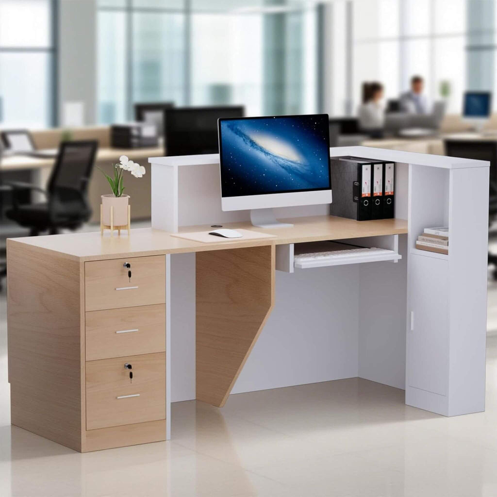 Velmor L-Shaped Modern Brown And White Reception Desk With Lockable Drawers (SAK26491) – SAKSBY WHOLESALE, view 3