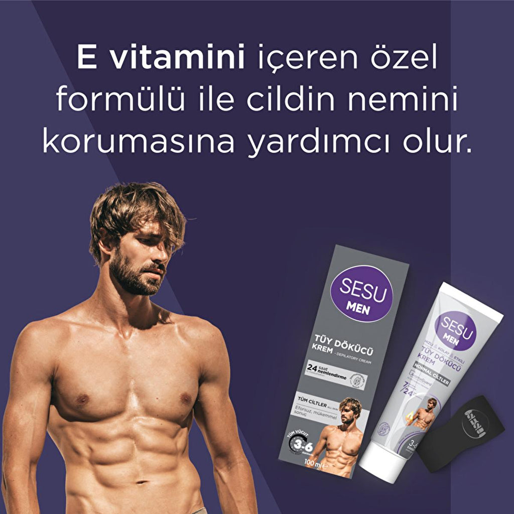 Sesu Men's Hair Removal Cream for Sensitive Skin - 3-6 Minute Quick Hair Removal, Dermatologically Tested, Vitamin E Enriched - 3.38 fl oz