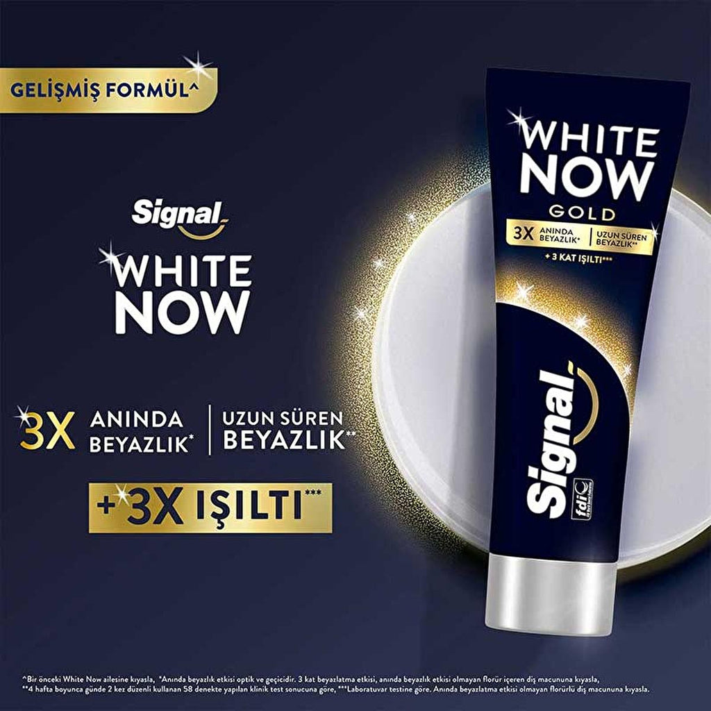 Signal White Now: 3X Whitening Toothpaste - Extra Fresh & Gold - Stain Removal, Fluoride Protection - Fresh Breath, Confident Smile