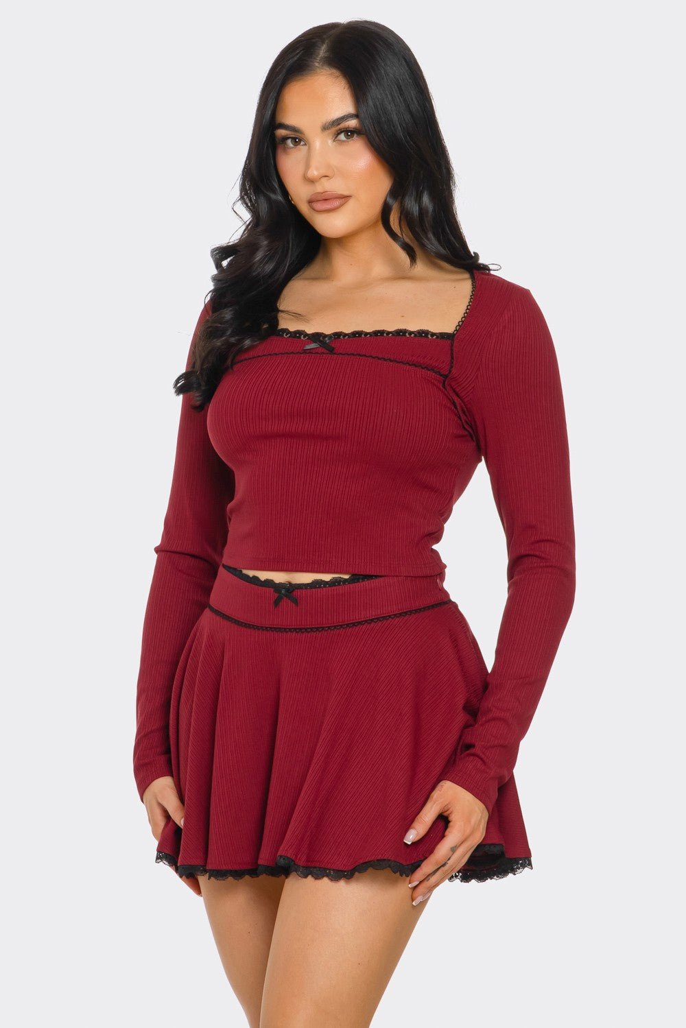 Lace Trim Long Sleeve Top and Skirt Set – Wine Red Two-Piece Outfit