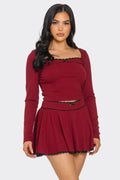 Lace Trim Long Sleeve Top and Skirt Set – Wine Red Two-Piece Outfit