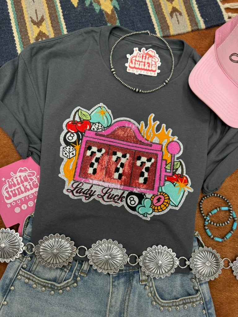 Wild Junkie Lady Luck Slot Machine Sequin Patch Tee — main product shot