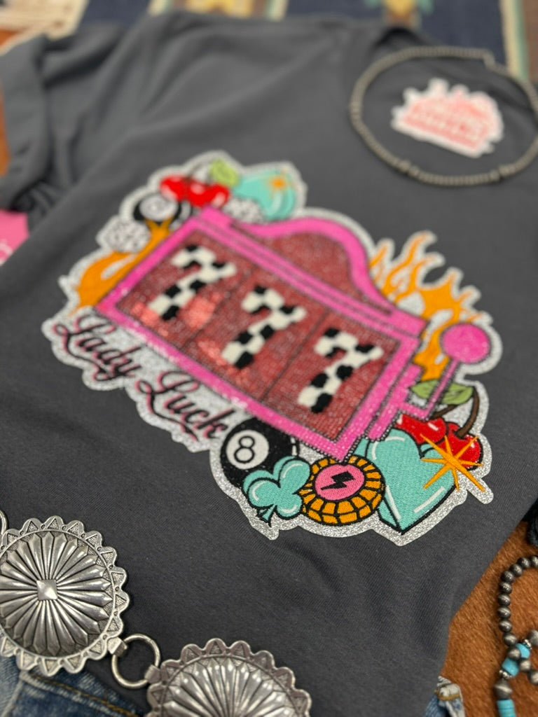 Wild Junkie Lady Luck Slot Machine Sequin Patch Tee — graphic tees category context