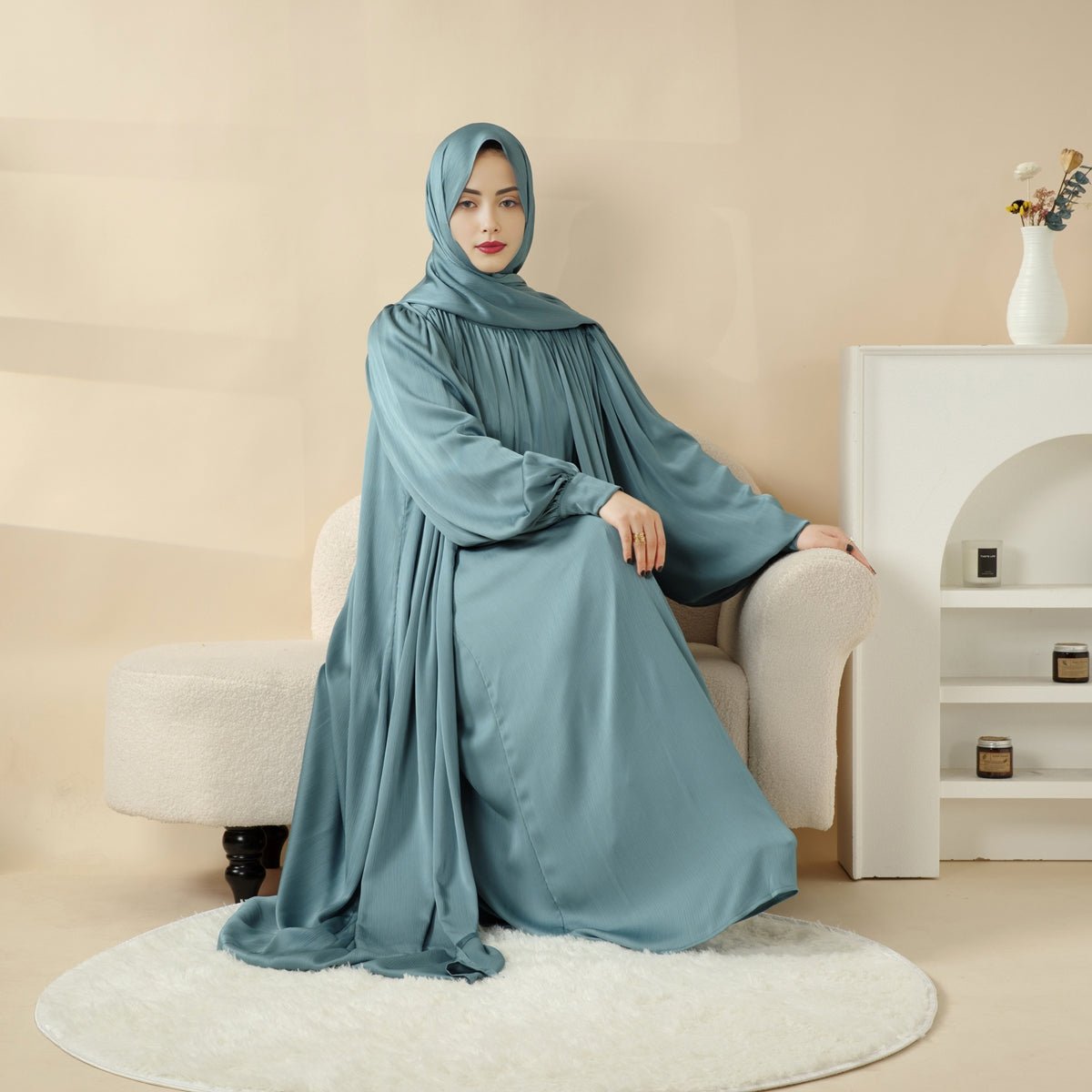 Mariam's Collection Lantern Sleeve Abaya, 4-Piece Set Large Pleated Sleeves Abaya (MOA084) — flat-lay composition
