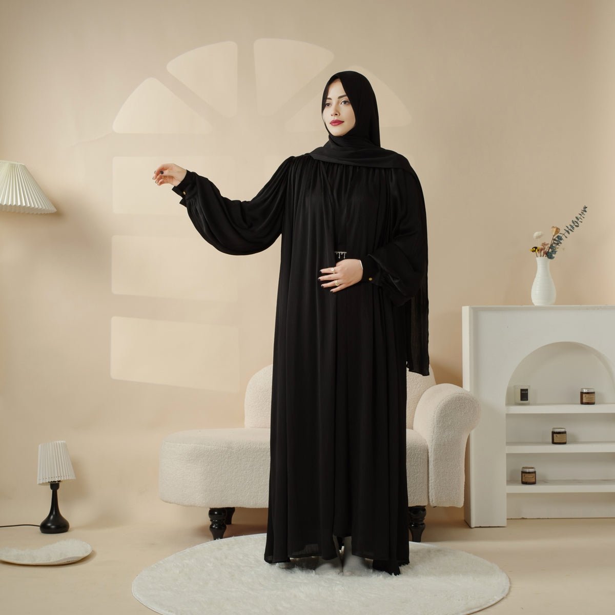 Mariam's Collection Lantern Sleeve Abaya, 4-Piece Set Large Pleated Sleeves Abaya (MOA084) — lifestyle worn / used context