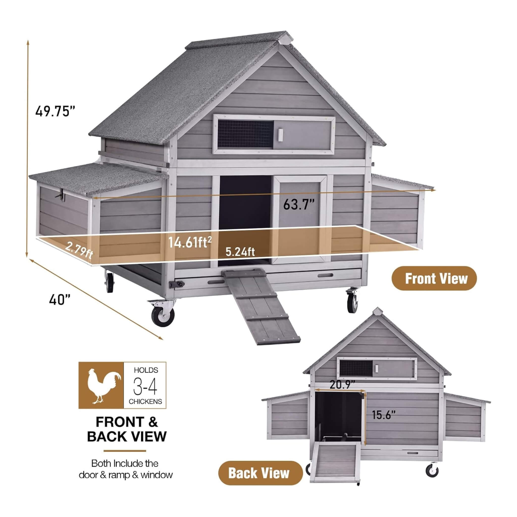Large 63-Inch Movable Wooden Hen House With Wheels And Nesting Box (SAK50791) – SAKSBY WHOLESALE, view 10