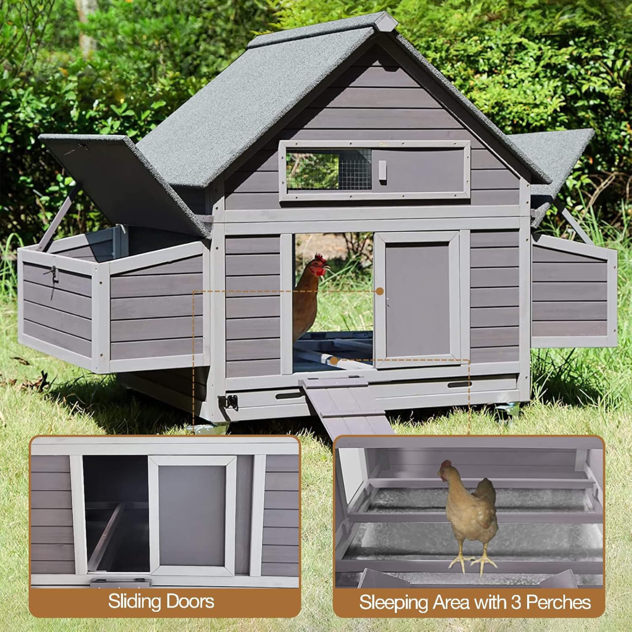 Large 63-Inch Movable Wooden Hen House With Wheels And Nesting Box (SAK50791) – SAKSBY WHOLESALE, view 9