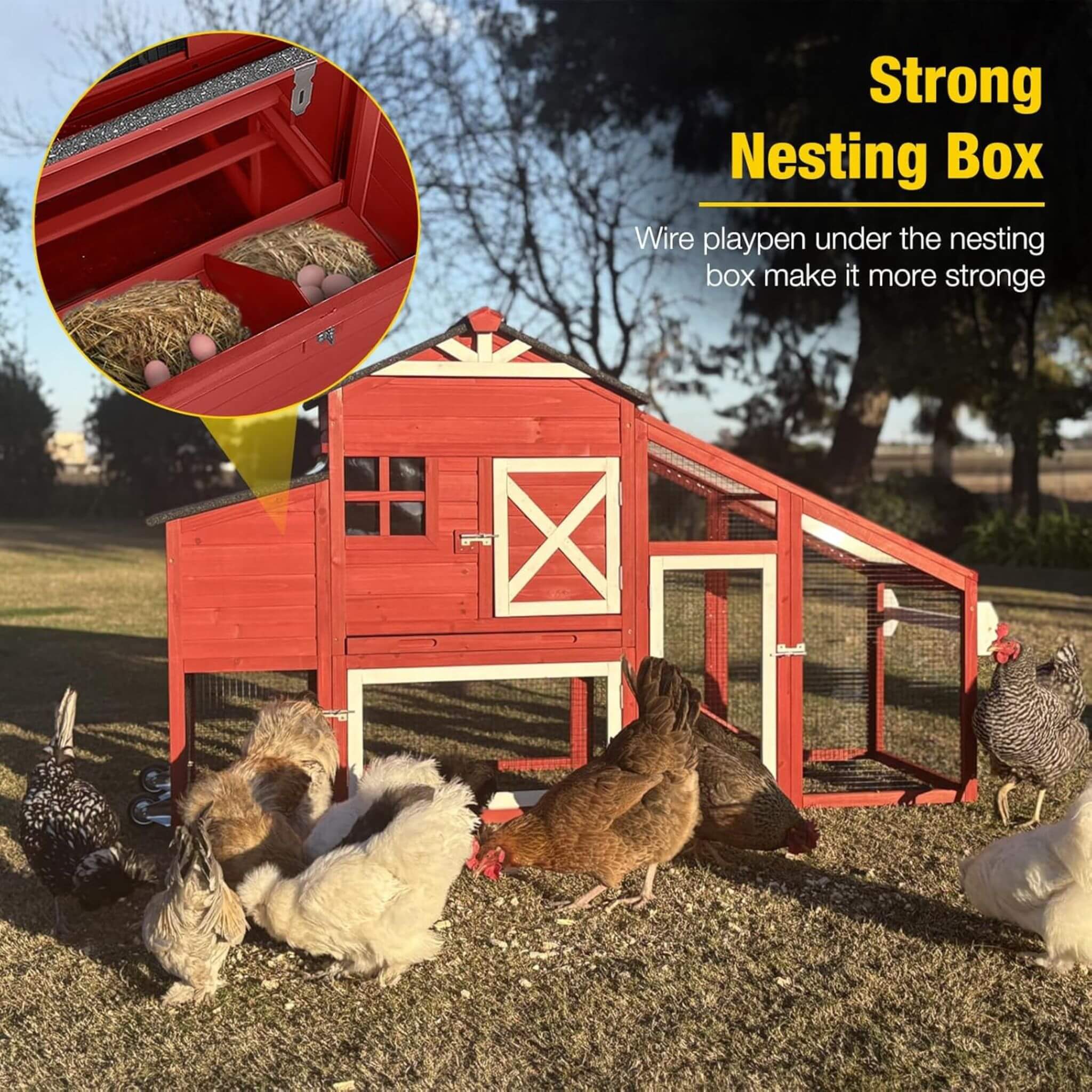 Large 73-Inch Portable Chicken Coop With Wheels And Nesting Box (SAK27495) – SAKSBY WHOLESALE, view 6