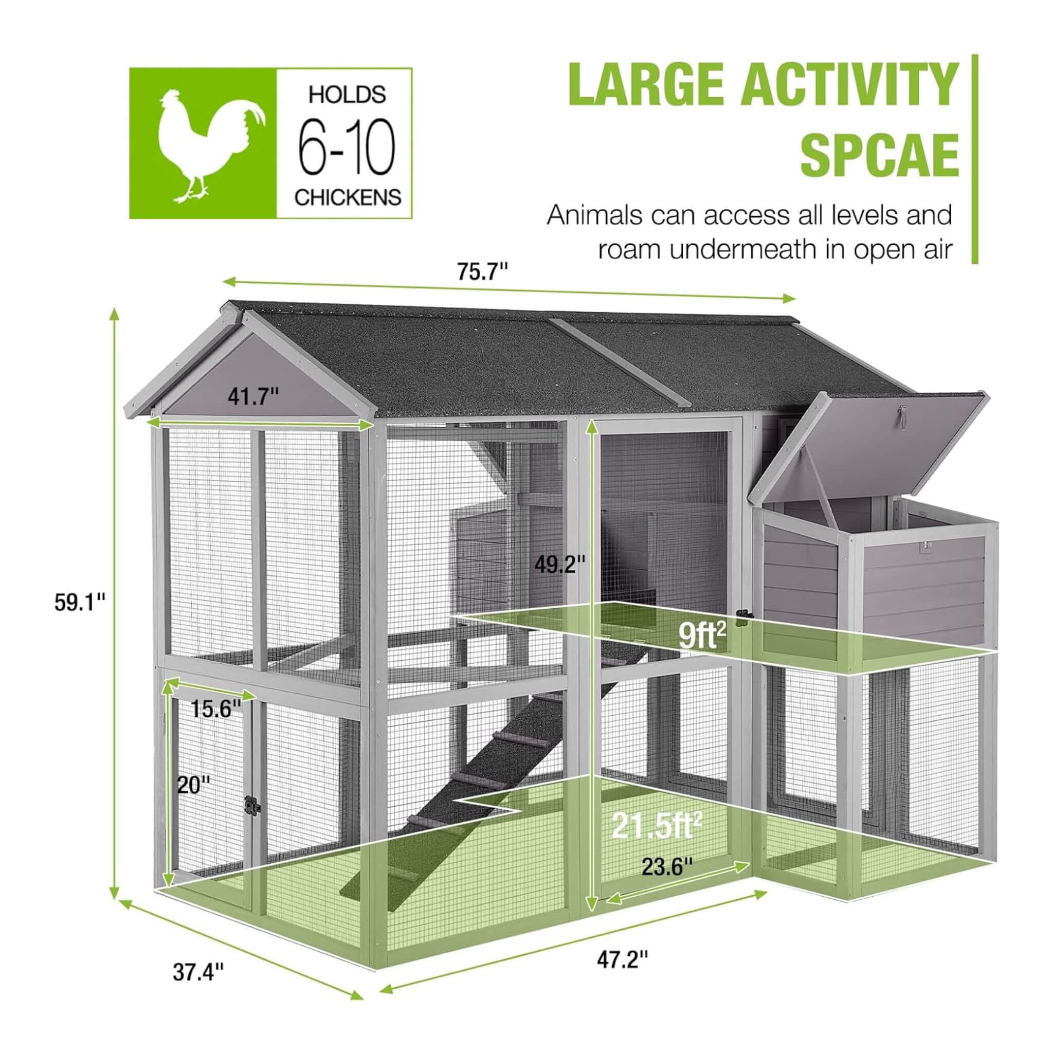Large 76-Inch Outdoor Chicken Hen House With Sleeping Area And Run [6-10 Chickens] (SAK56431) – SAKSBY WHOLESALE, view 3