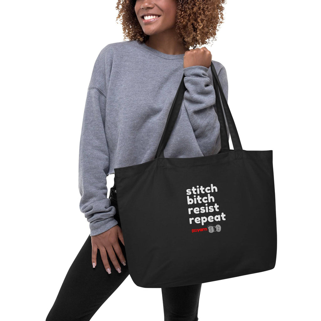 Darn Good Yarn Stitch Bitch Resist Repeat Extra Large organic tote bag — main product shot