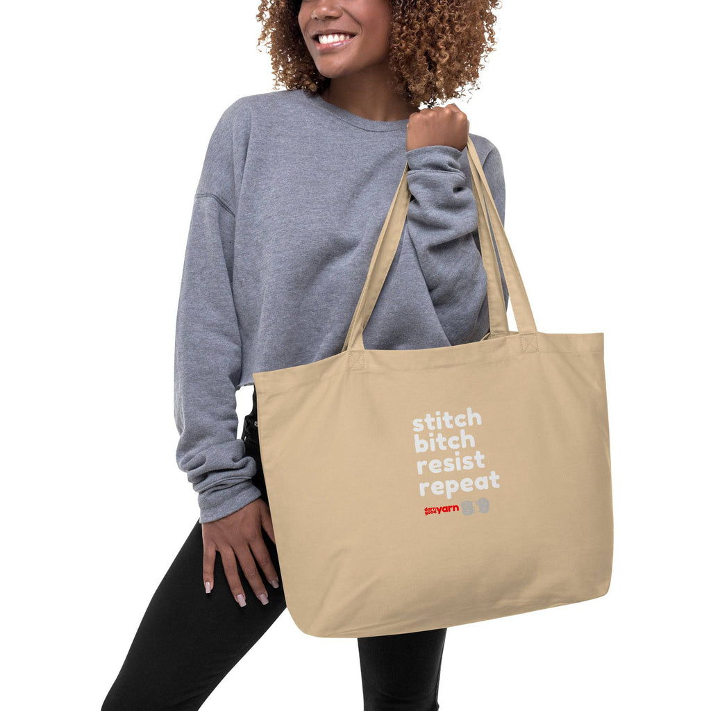 Darn Good Yarn Stitch Bitch Resist Repeat Extra Large organic tote bag — construction detail