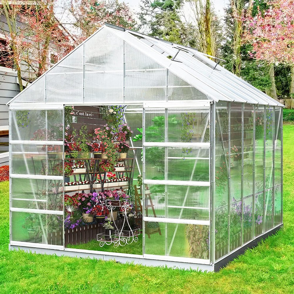 [10X12FT] Large Heavy-Duty Outdoor Walk-In Polycarbonate Aluminum Frame Greenhouse With Adjustable Vents & Sliding Doors (SAK