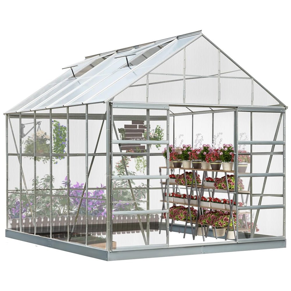 [10X12FT] Large Heavy-Duty Outdoor Walk-In Polycarbonate Aluminum Frame Greenhouse With Adjustable Vents & Sliding Doors (SAK