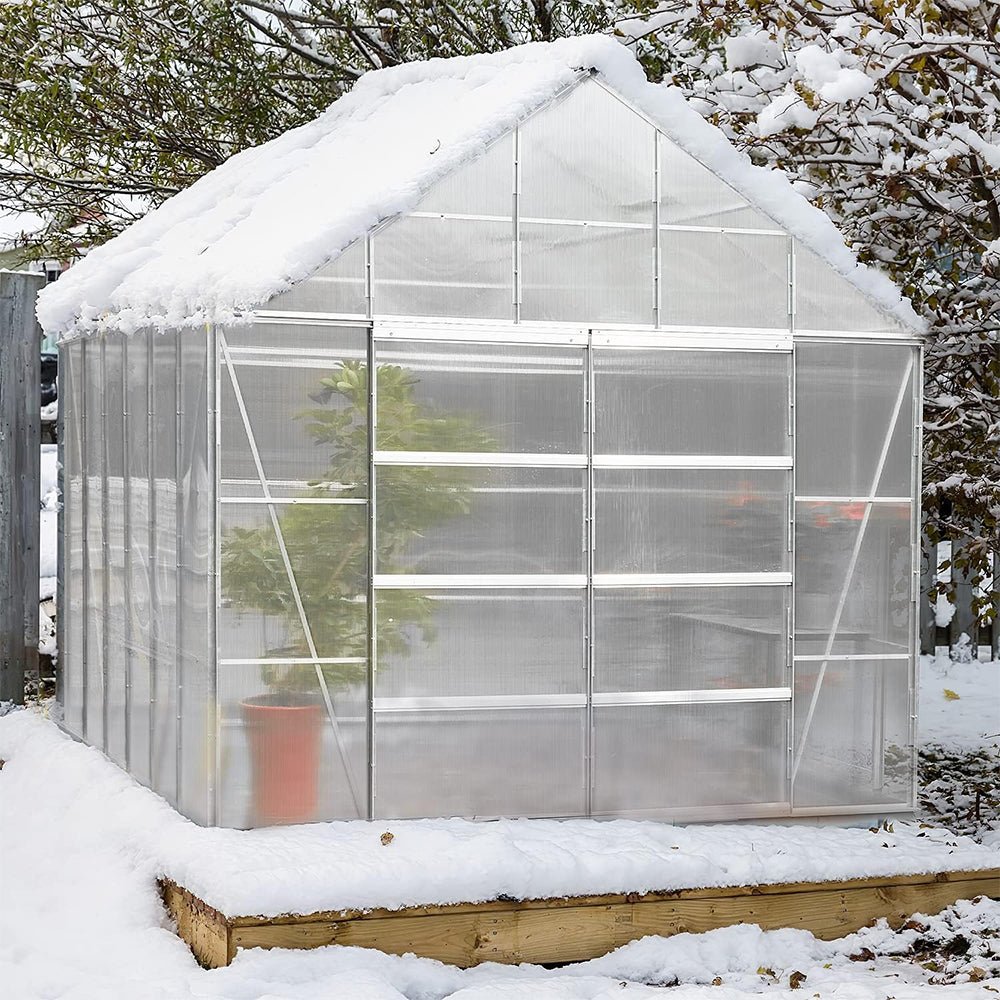 [10X12FT] Large Heavy-Duty Outdoor Walk-In Polycarbonate Aluminum Frame Greenhouse With Adjustable Vents & Sliding Doors (SAK