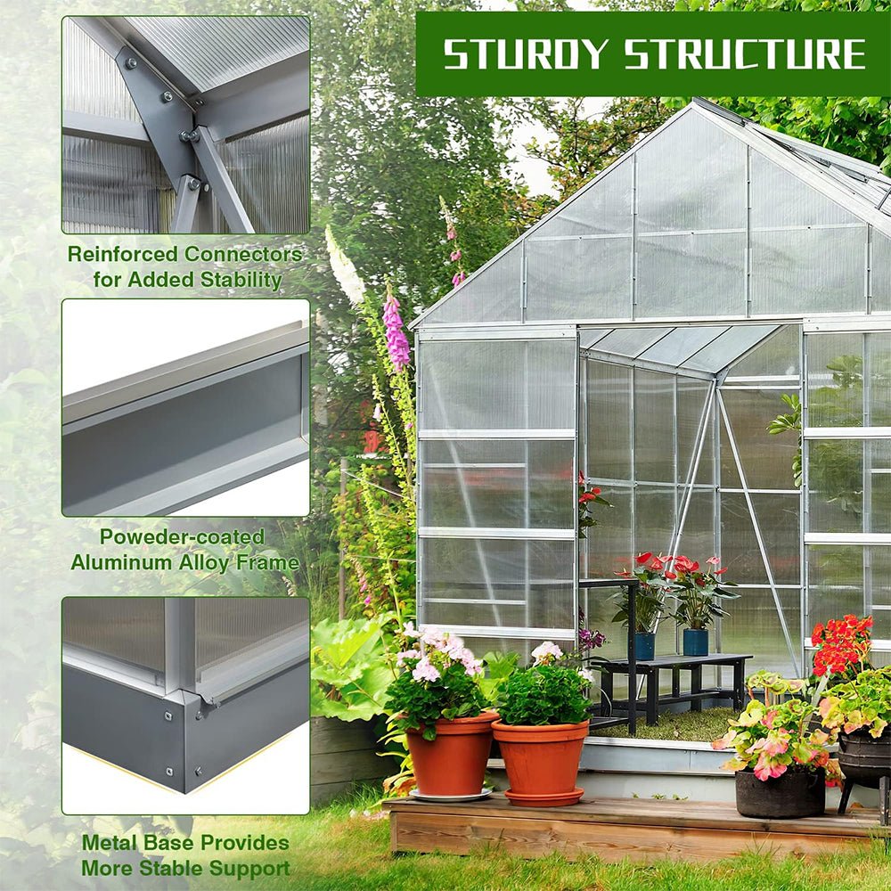 [10X12FT] Large Heavy-Duty Outdoor Walk-In Polycarbonate Aluminum Frame Greenhouse With Adjustable Vents & Sliding Doors (SAK