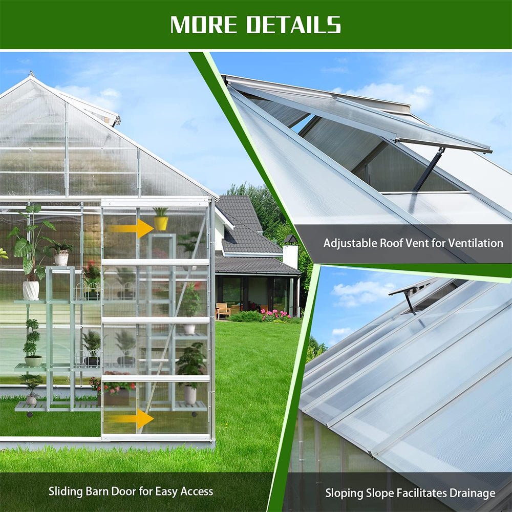 [10X12FT] Large Heavy-Duty Outdoor Walk-In Polycarbonate Aluminum Frame Greenhouse With Adjustable Vents & Sliding Doors (SAK