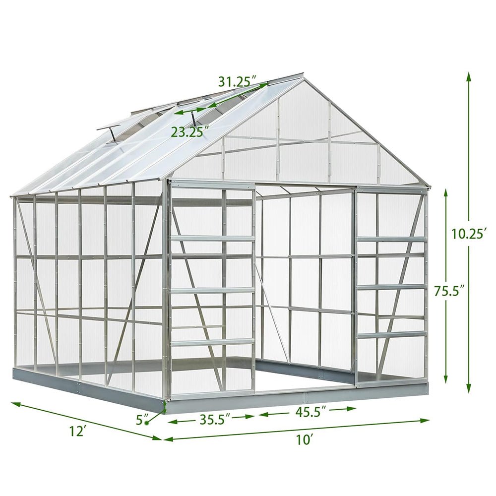 [10X12FT] Large Heavy-Duty Outdoor Walk-In Polycarbonate Aluminum Frame Greenhouse With Adjustable Vents & Sliding Doors (SAK