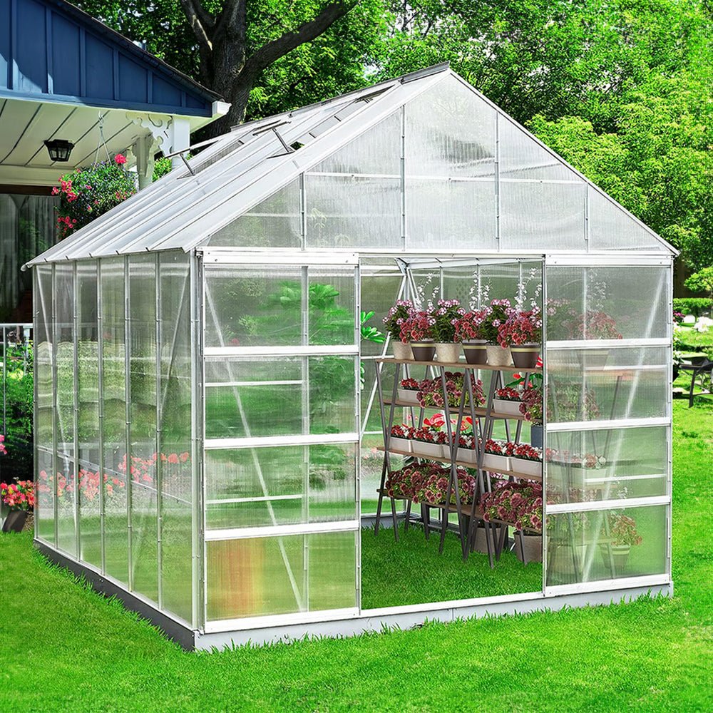 [10X12FT] Large Heavy-Duty Outdoor Walk-In Polycarbonate Aluminum Frame Greenhouse With Adjustable Vents & Sliding Doors (SAK