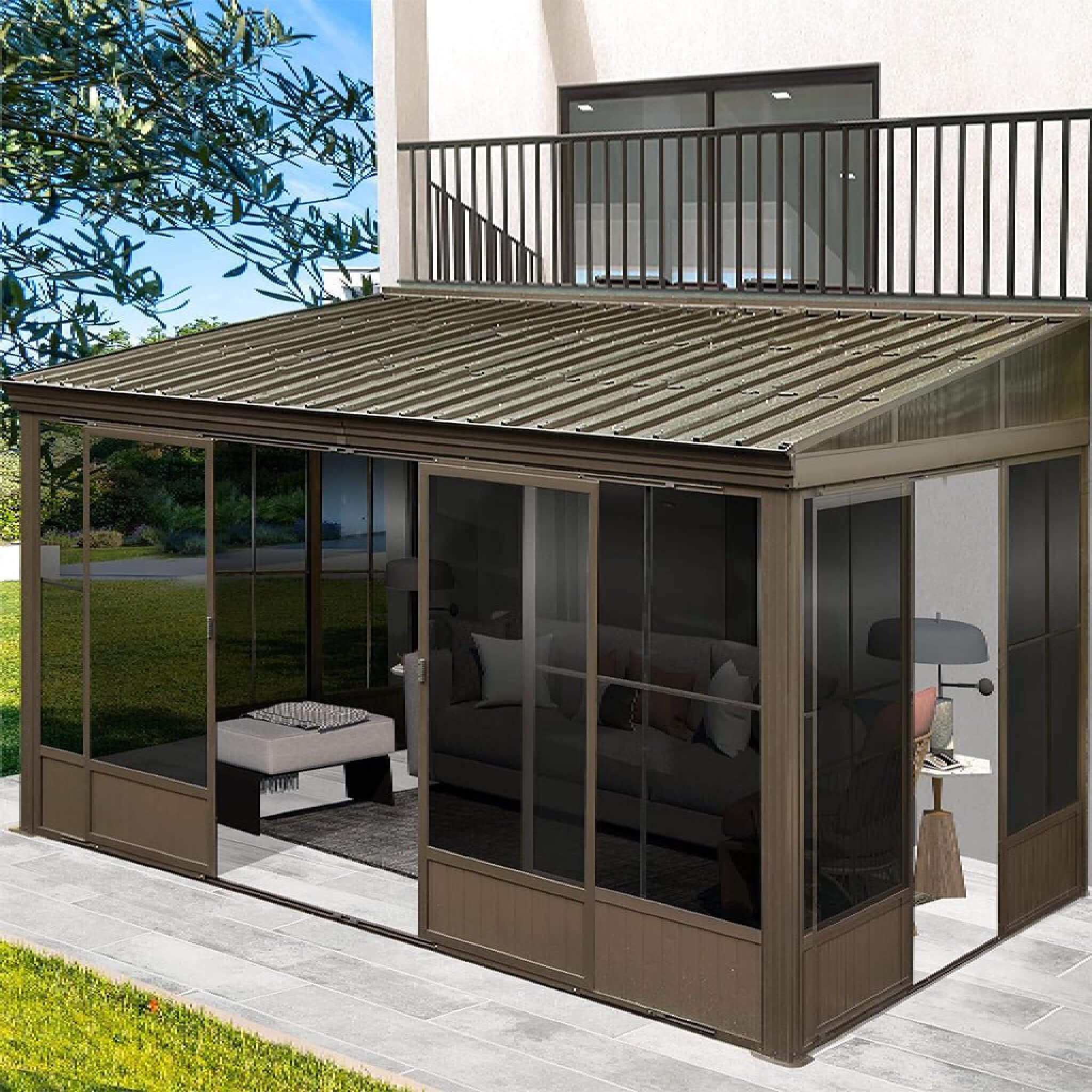 [12X14FT] Alora Haven Large Outdoor All-Season Wall-Mounted Sunroom With Galvanized Steel Roof & Moveable PVC Screen (SAK4647