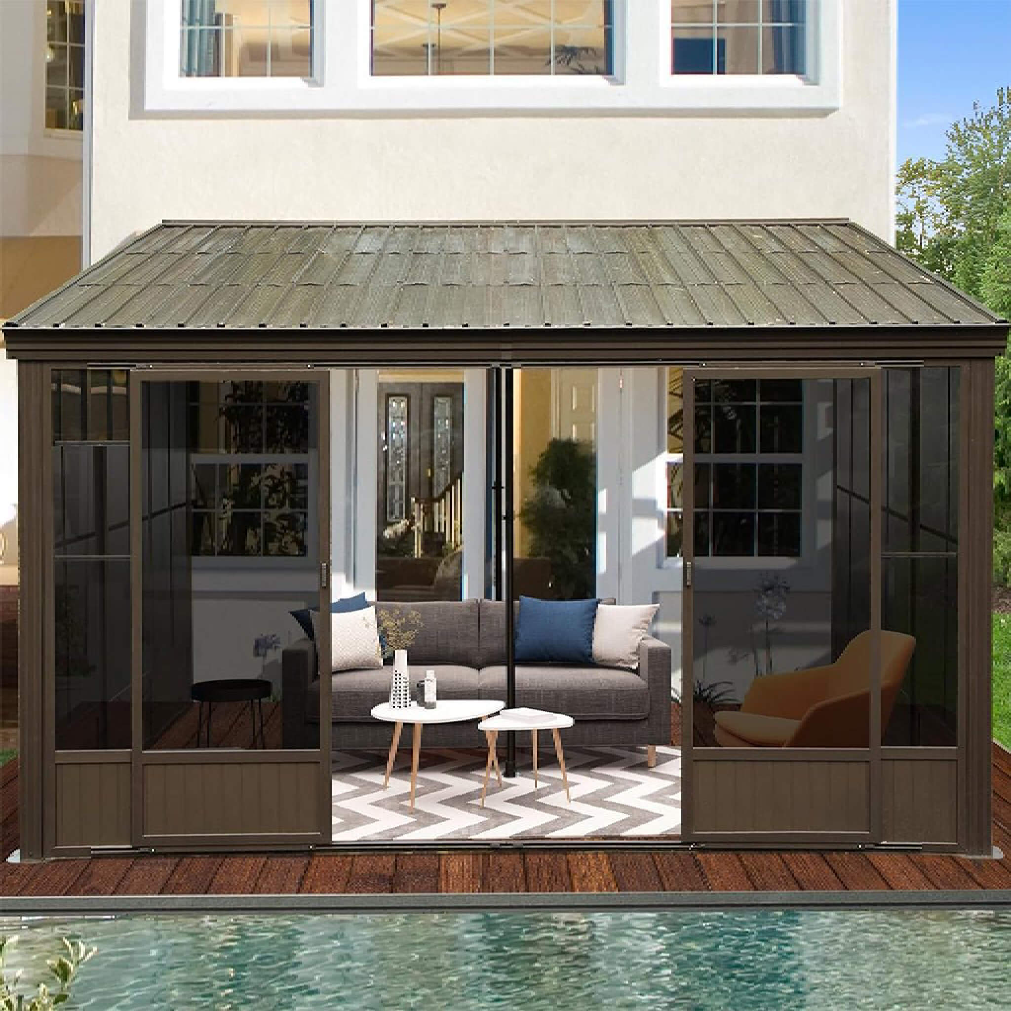 [12X14FT] Alora Haven Large Outdoor All-Season Wall-Mounted Sunroom With Galvanized Steel Roof & Moveable PVC Screen (SAK4647