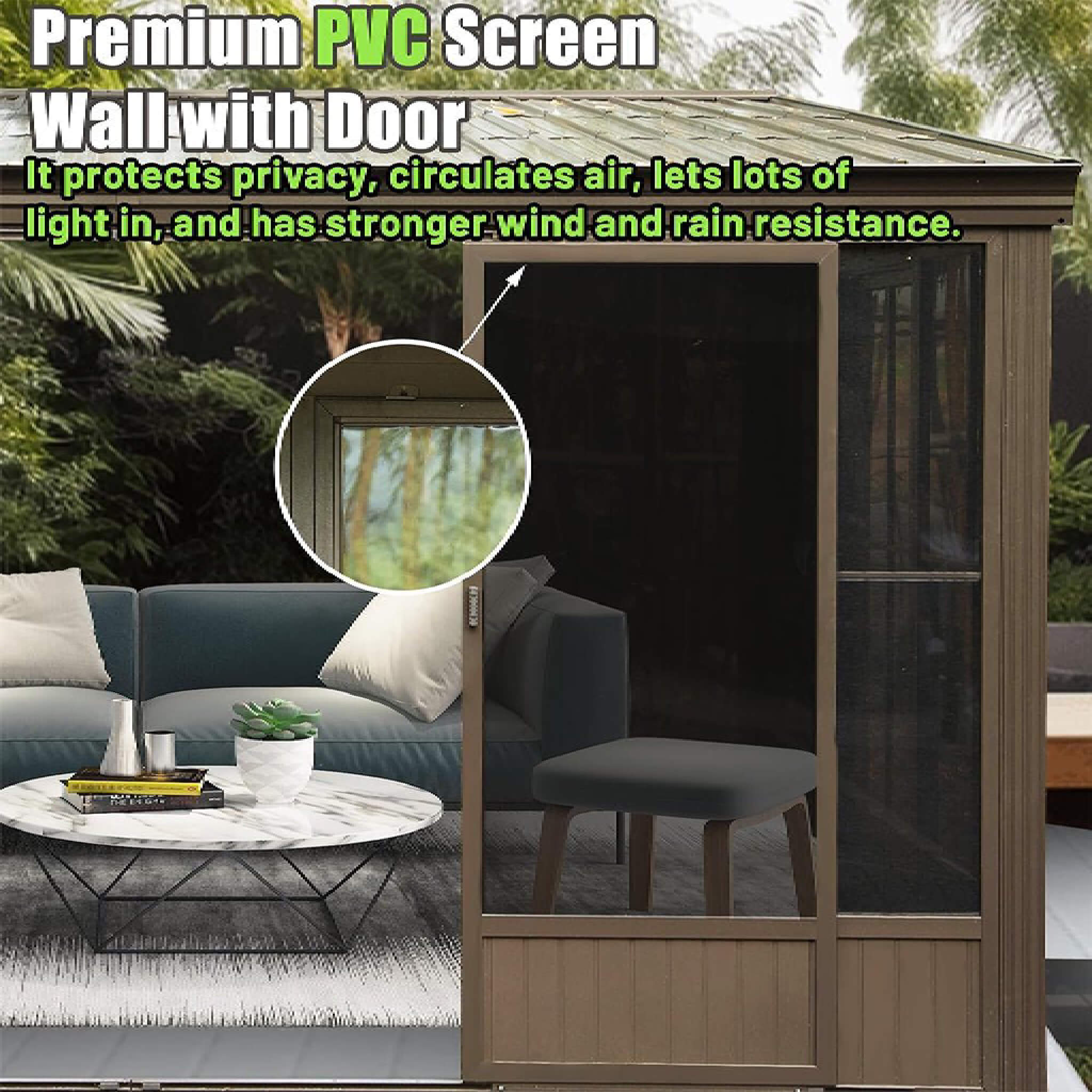 [12X14FT] Alora Haven Large Outdoor All-Season Wall-Mounted Sunroom With Galvanized Steel Roof & Moveable PVC Screen (SAK4647
