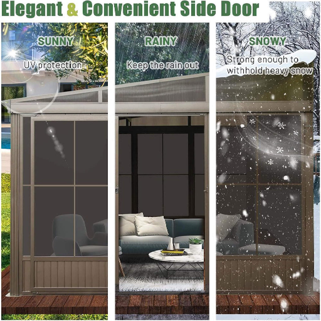 [12X14FT] Alora Haven Large Outdoor All-Season Wall-Mounted Sunroom With Galvanized Steel Roof & Moveable PVC Screen (SAK4647