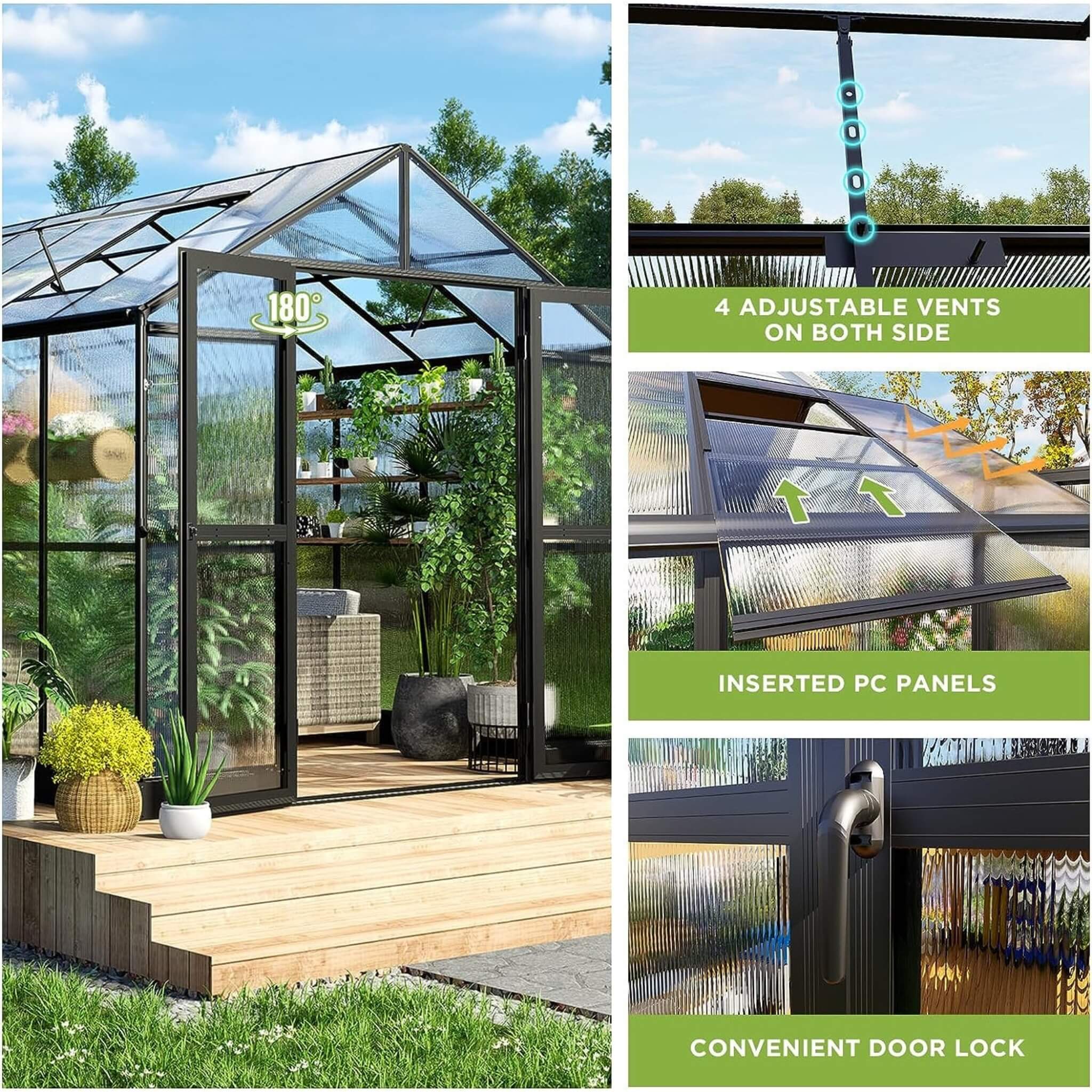 [08X12FT] Large Premium Outdoor Aluminum Polycarbonate Greenhouse With Double Swing Doors (SAK92641) – SAKSBY WHOLESALE, view