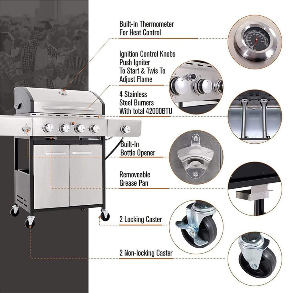 Large Outdoor 42K BTU BBQ Stainless Steel Propane Gas Grill With 4 Burners (SAK61283) – SAKSBY WHOLESALE, view 14
