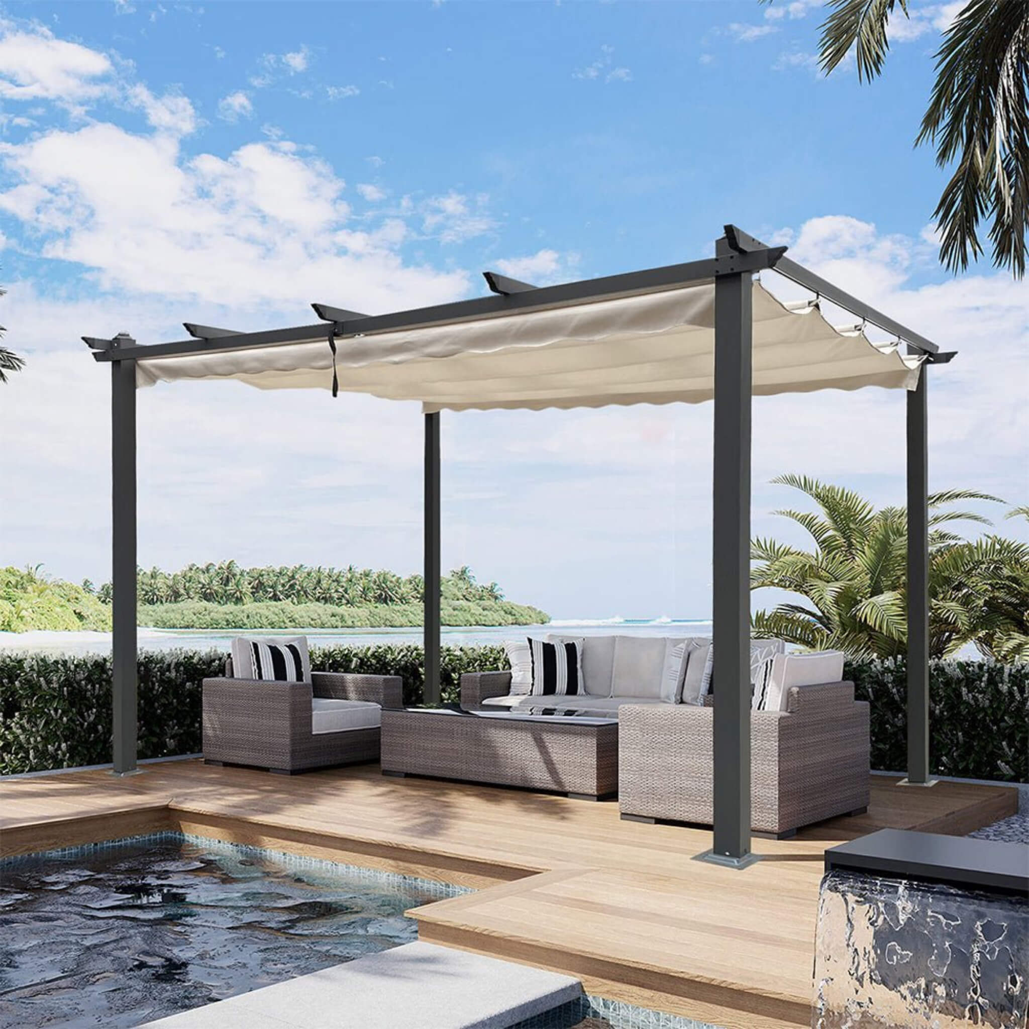 [10X13FT] Alora Large Outdoor Patio Pergola With Canopy & Retractable Sun Shades, Beige (SAK51842) – SAKSBY WHOLESALE, view 6