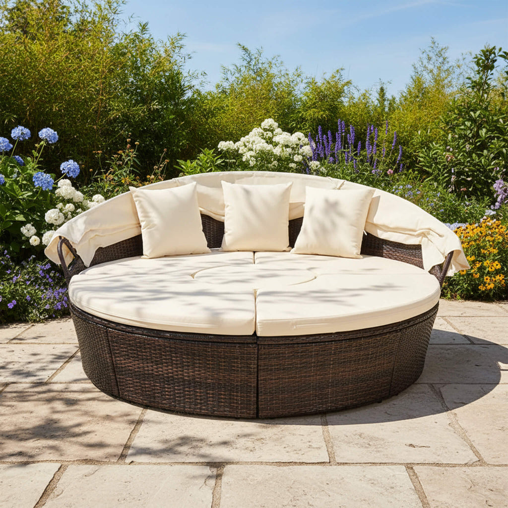 Alora Large 76-Inch Outdoor Patio Rattan Daybed Sofa W/ Adjustable Table Top, Canopy & 3 Pillows (SAK91254) – SAKSBY WHOLESAL