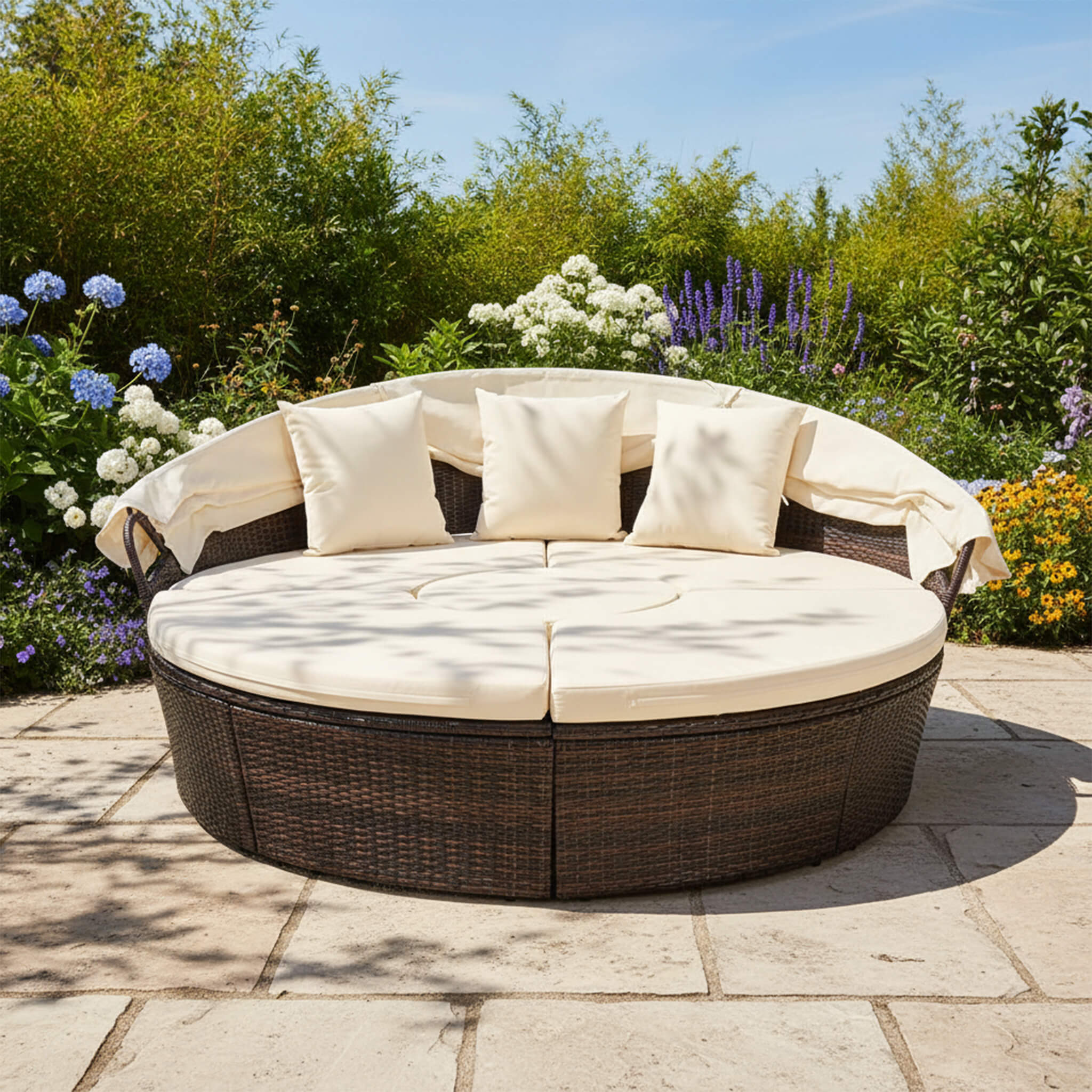 Alora Large 76-Inch Outdoor Patio Rattan Daybed Sofa W/ Adjustable Table Top, Canopy & 3 Pillows (SAK91254) – SAKSBY WHOLESAL